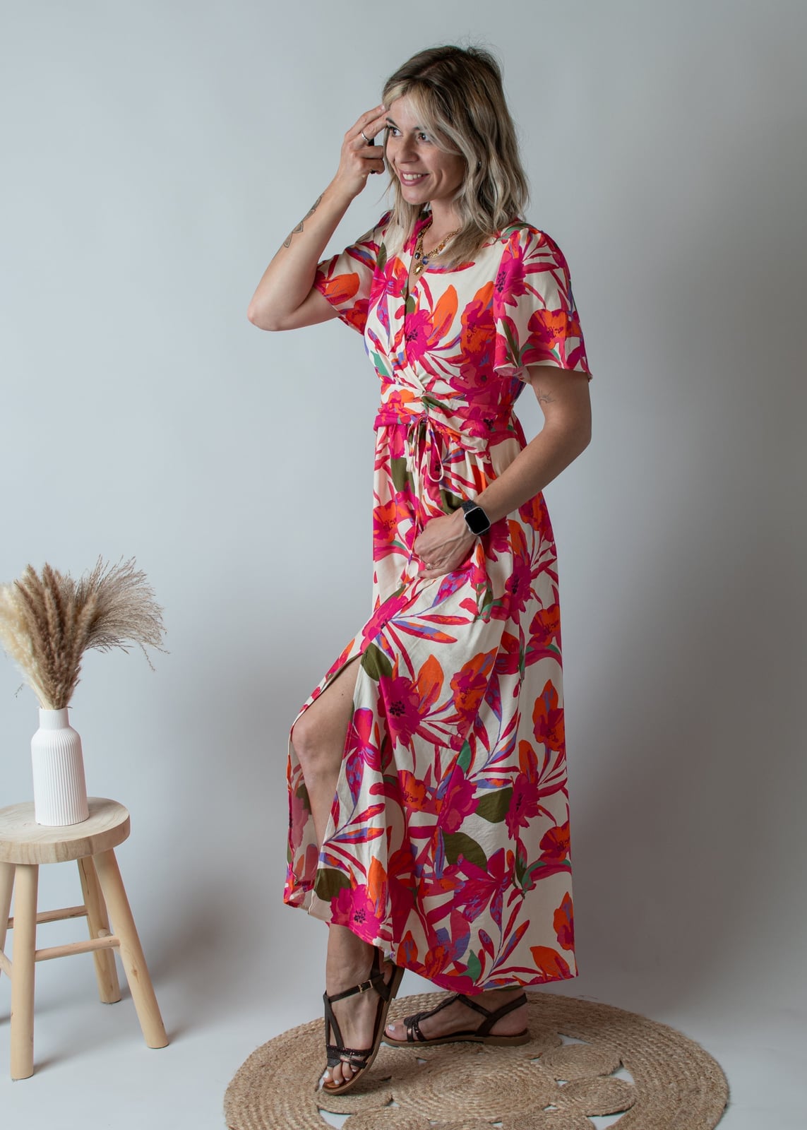 Cream Floral Print Wrap Maxi Dress with High Slit — Trendy Maxi Dresses Outfit