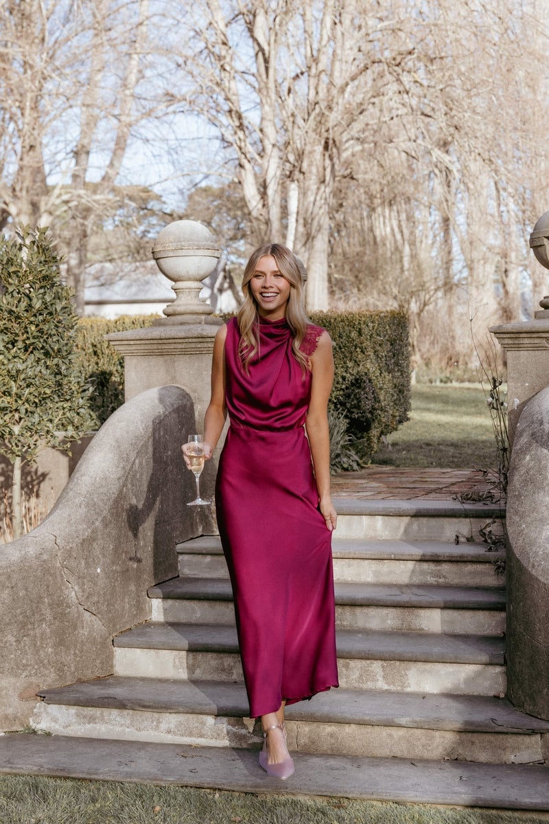 Deep Pink Satin Maxi Dress with Cowl Neck — Trendy Maxi Dresses Outfit