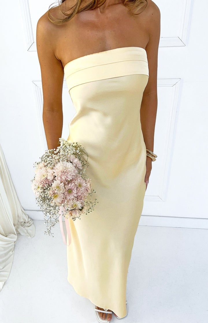 Pale Yellow Satin Strapless Maxi Dress — Trendy Maxi Dresses Outfit