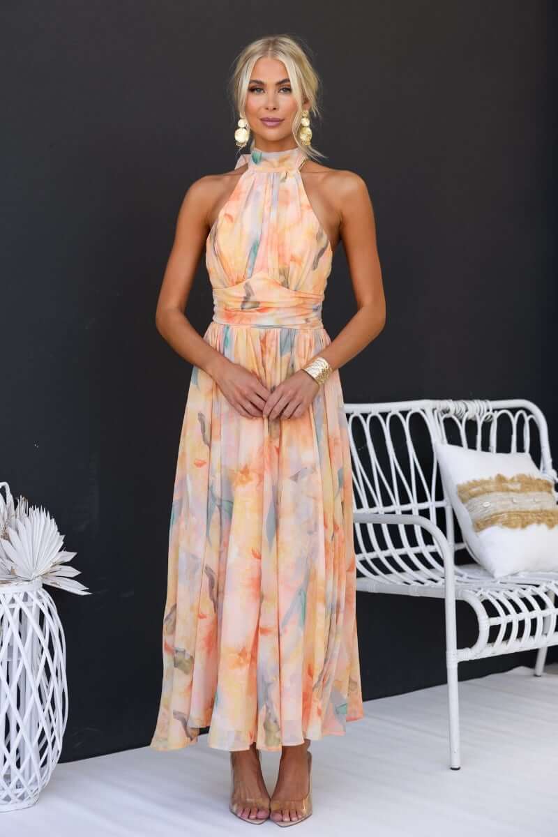 Abstract Watercolor Print Sleeveless Maxi Dress — Trendy Maxi Dresses Outfit