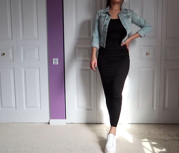 Black Fitted Maxi Dress with Denim Jacket — Trendy Maxi Dresses Outfit