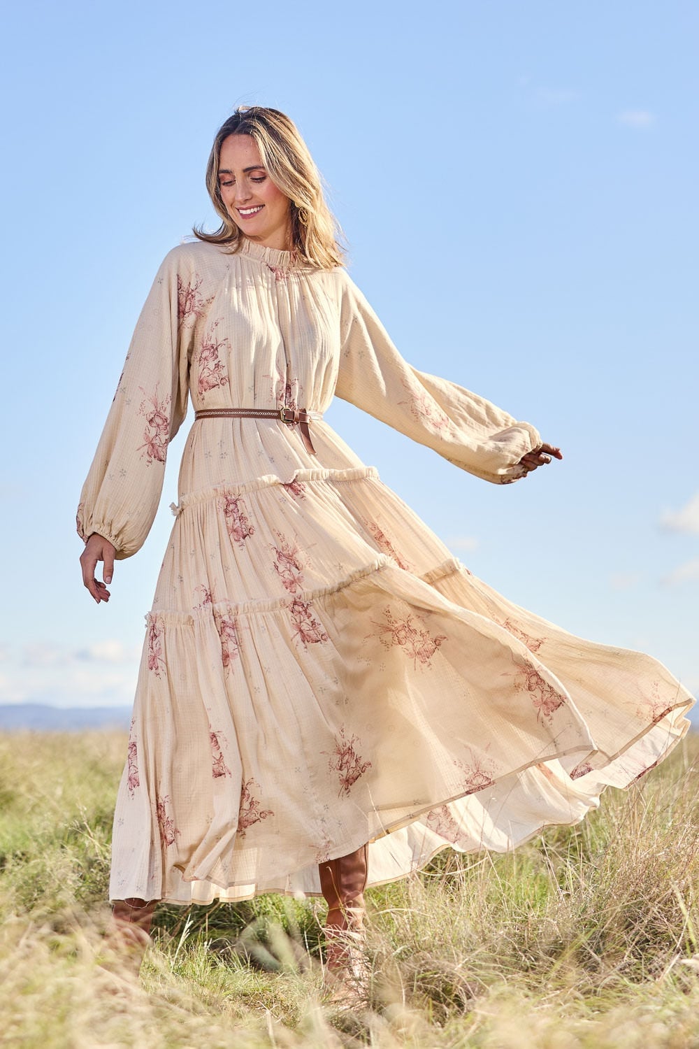 Cream Tiered Maxi Dress with Floral Print — Trendy Maxi Dresses Outfit