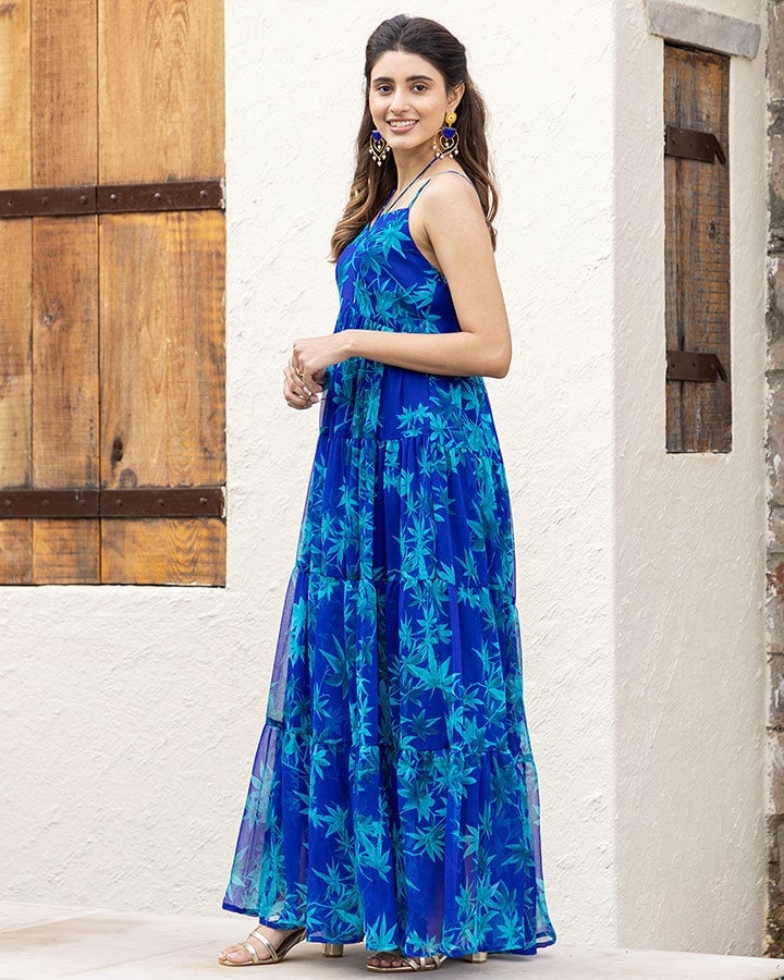 Royal Blue Maxi Dress with Teal Leaf Print — Trendy Maxi Dresses Outfit