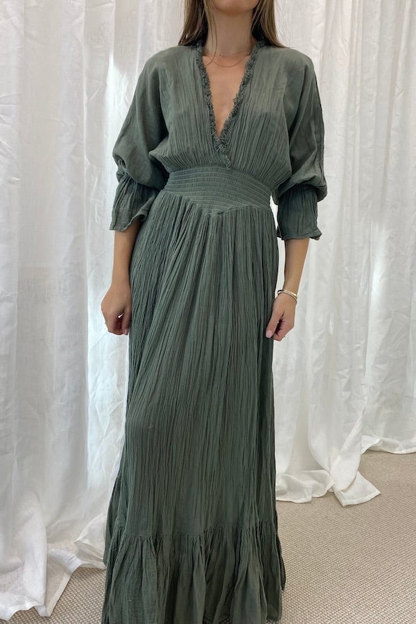 Olive Green Crinkled Cotton Maxi Dress — Trendy Maxi Dresses Outfit