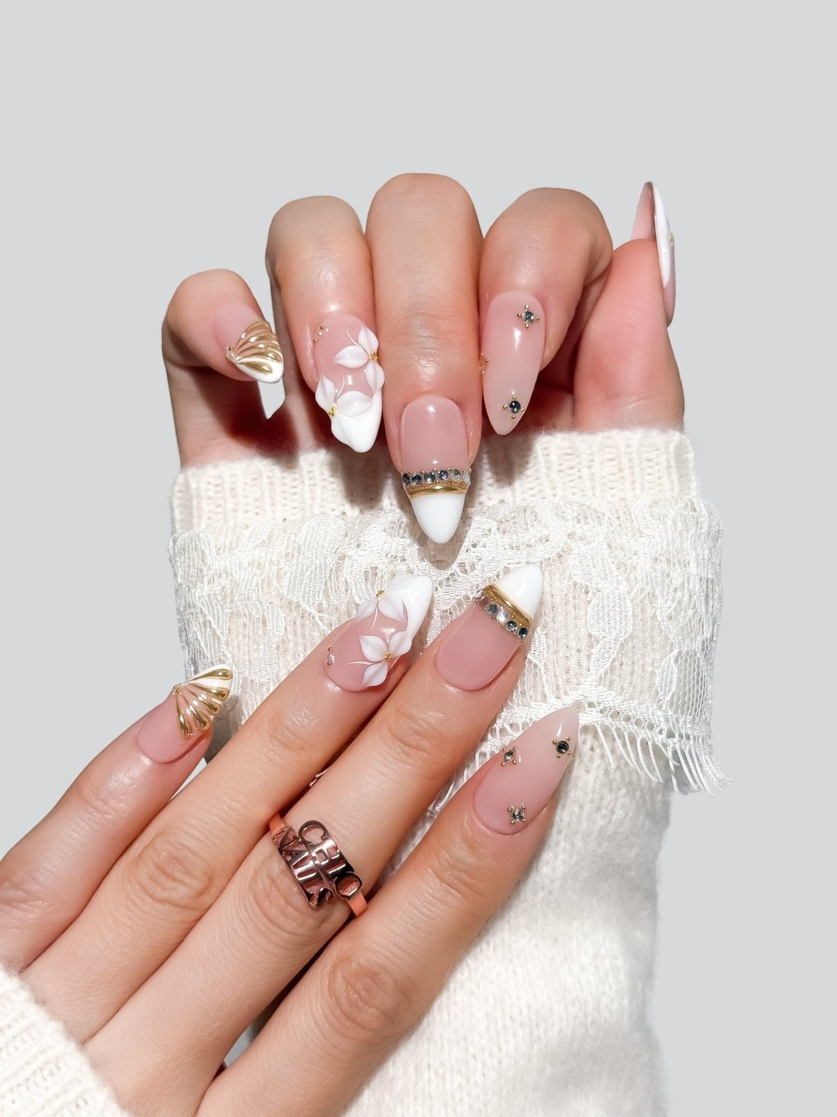 Nude White French Almond Nails with 3D Flowers — Trendy Medium Almond Nails