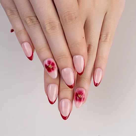 Nude Red French Floral Almond Nails — Trendy Medium Almond Nails