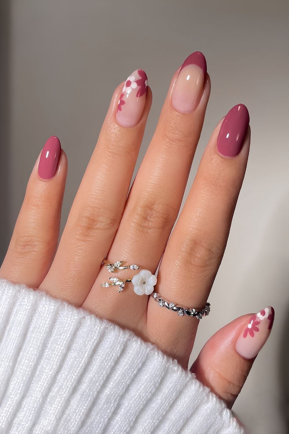 Berry Solid Floral French Almond Nails — Trendy Medium Almond Nails