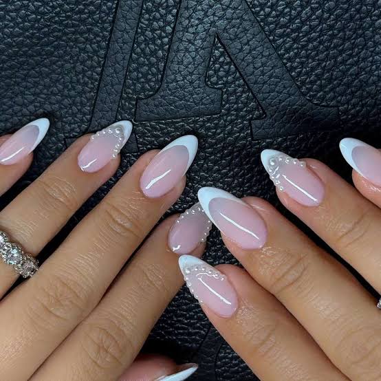 Pink White French Almond Nails with Pearls — Trendy Medium Almond Nails