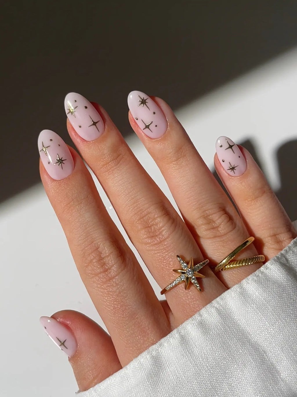 Light Pink Star Decal Almond Nails — Trendy Medium Almond Nails