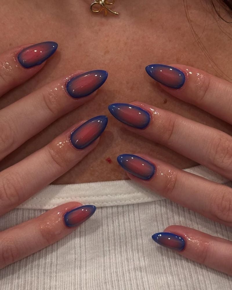 Blue Pink Red Aura Effect Almond Nails — Trendy Medium Almond Nails