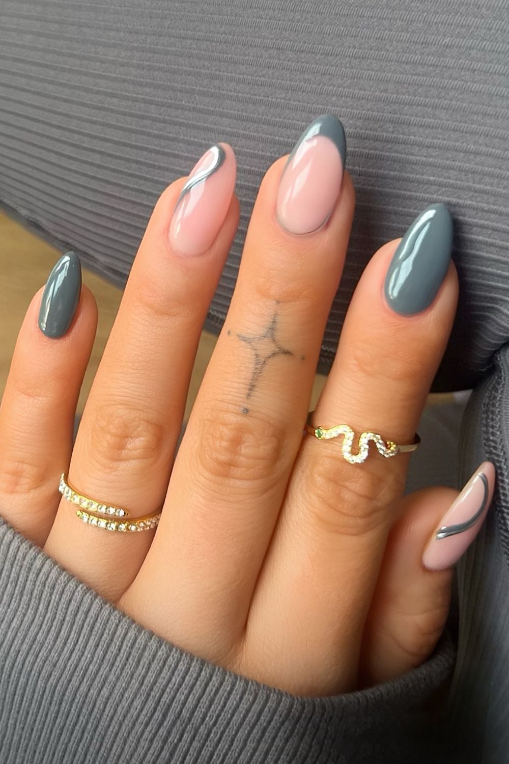 Green Marble Effect Glossy Almond Nails — Trendy Medium Almond Nails