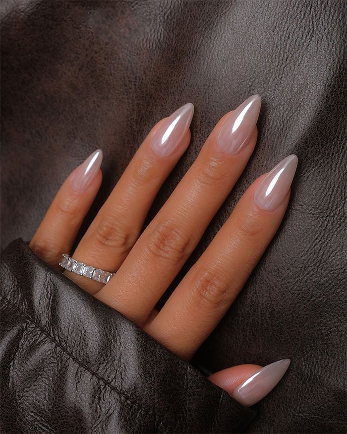 Sheer Milky White Glossy Almond Nails — Trendy Medium Almond Nails