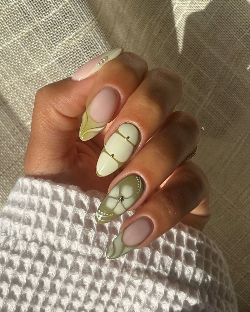 Nude Olive Green Swirl French Almond Nails — Trendy Medium Almond Nails