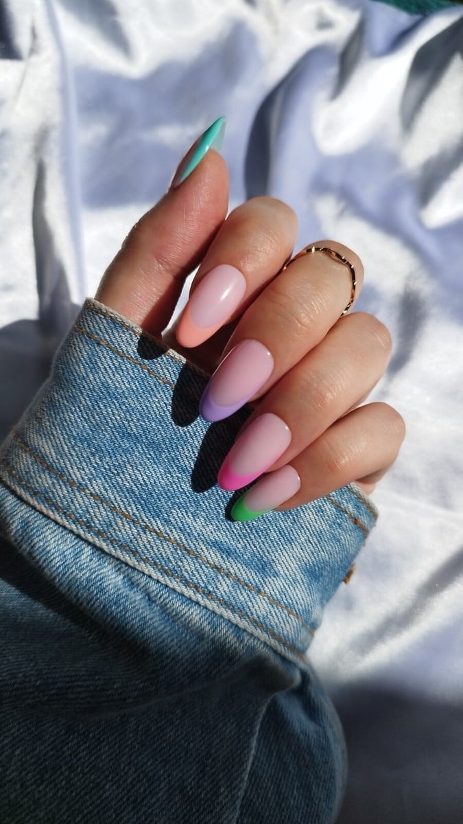 Pastel Color Block French Almond Nails — Trendy Medium Almond Nails