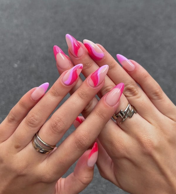 Light Hot Pink Wavy Line Almond Nails — Trendy Medium Almond Nails