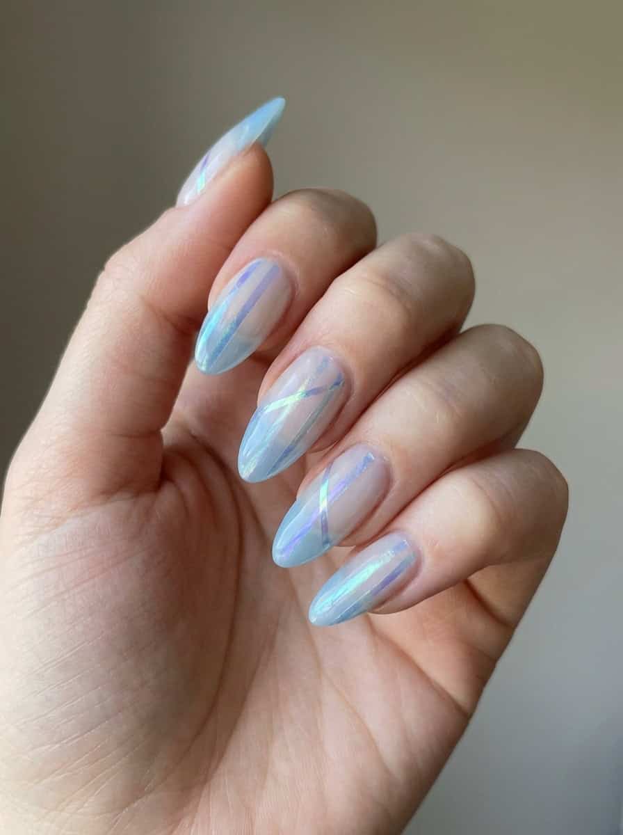 Pale Blue Silver Stripe Almond Nails — Trendy Medium Almond Nails