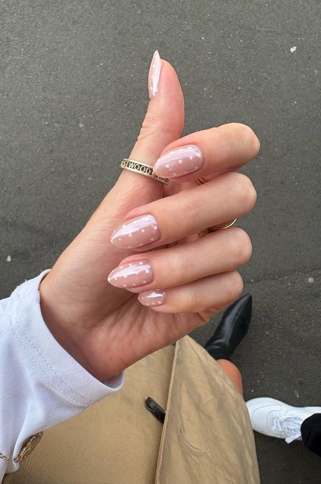 Sheer Nude White Polka Dot Almond Nails — Trendy Medium Almond Nails