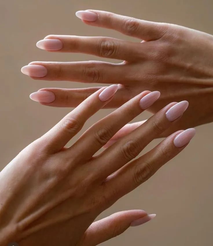Sheer Light Pink Glossy Almond Nails — Trendy Medium Almond Nails