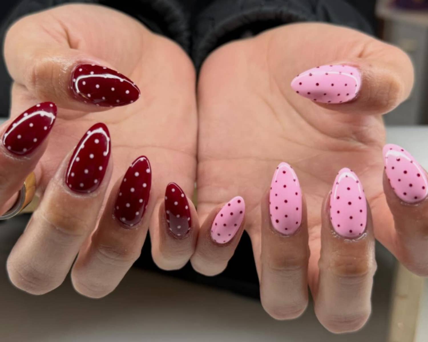 Sheer Nude Uniform White Polka Dot Almond Nails, Close-Up Take — Trendy Medium Almond Nails
