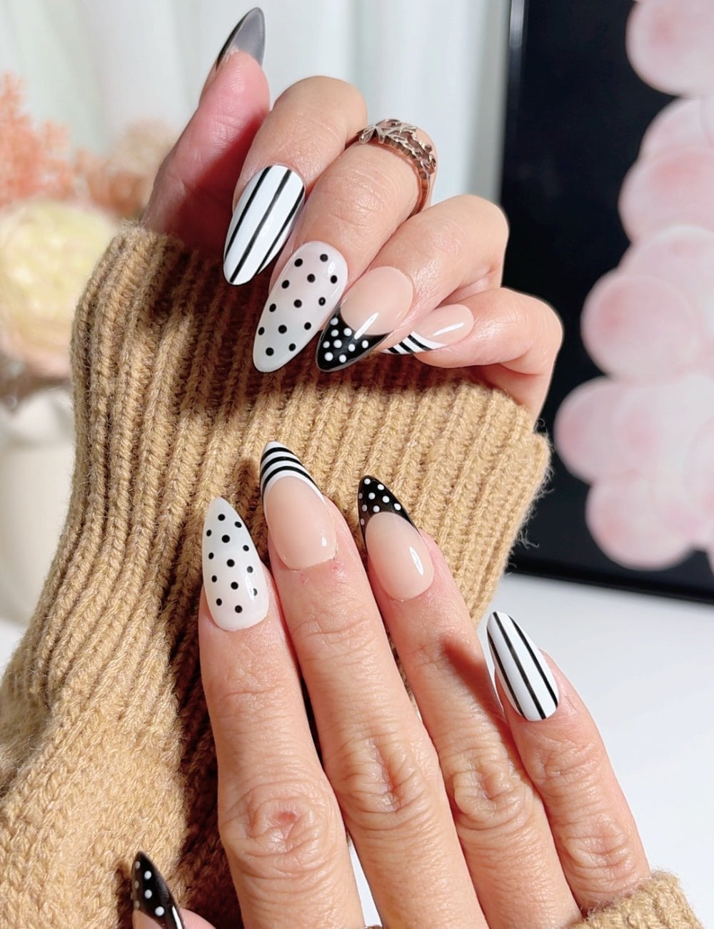 Nude Black Dot Stripe French Almond Nails — Trendy Medium Almond Nails