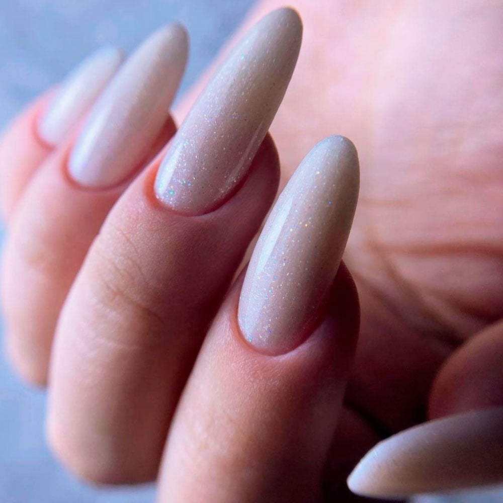 Milky Off-White Shimmer Glossy Almond Nails — Trendy Medium Almond Nails