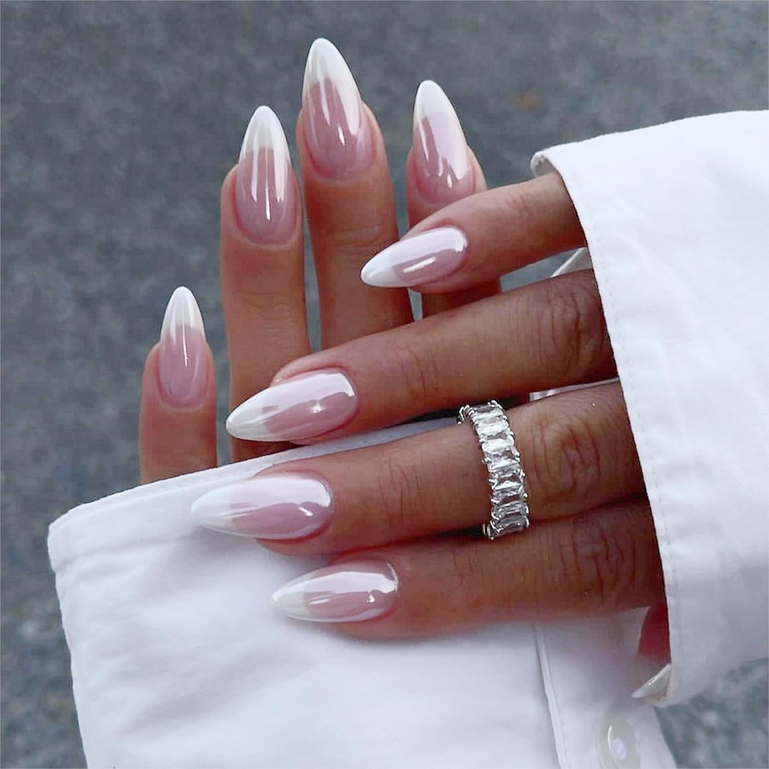 Milky Pink Chrome French Almond Nails — Trendy Medium Almond Nails