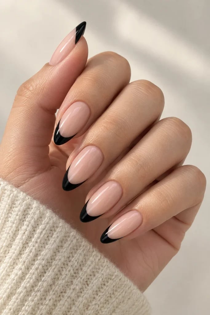Nude Black French Medium Almond Nails — Trendy Medium Almond Nails