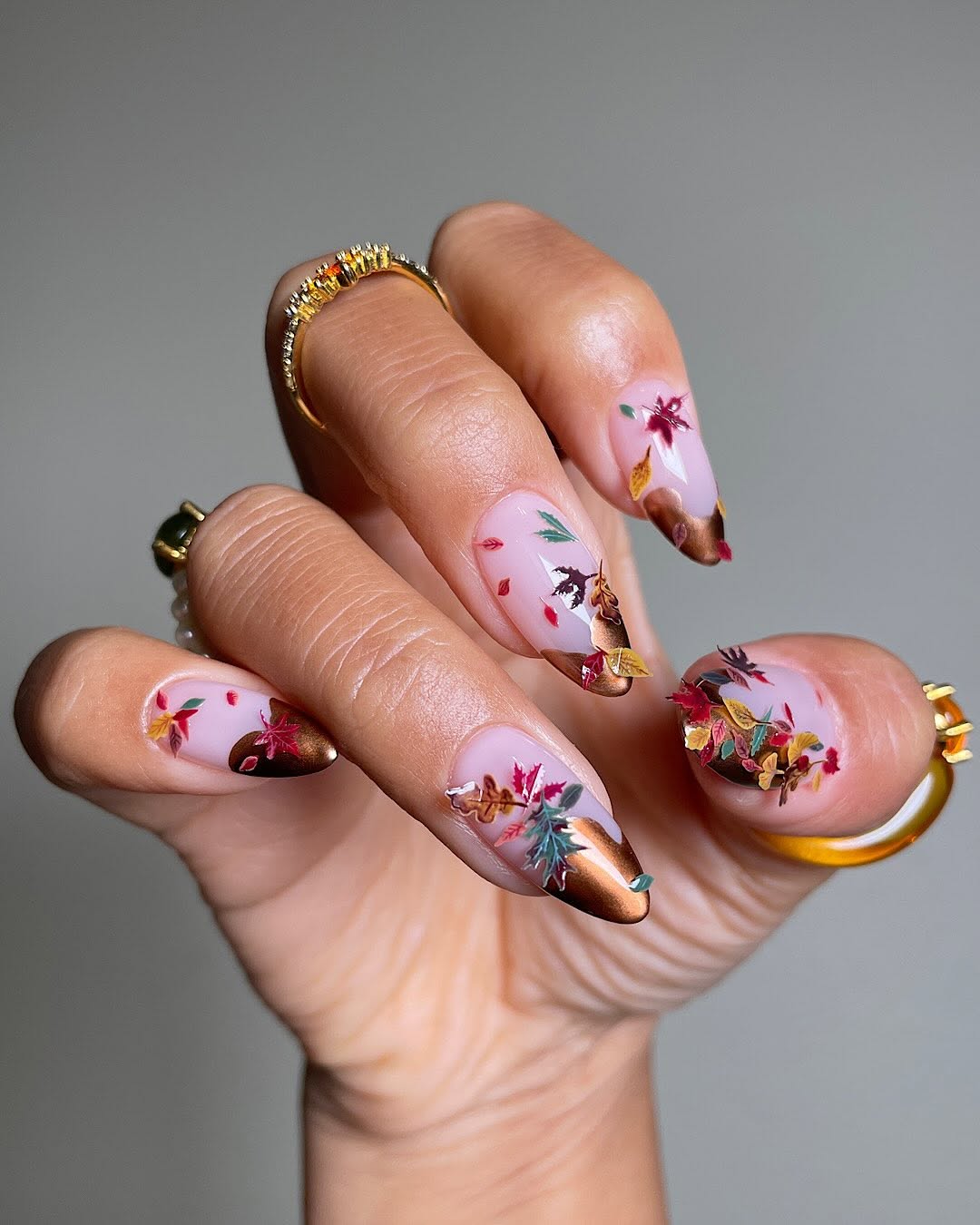 Autumn Leaf Metallic French Almond Nails — Trendy Medium Almond Nails