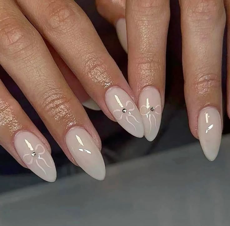 Milky White Bow Art Almond Nails — Trendy Medium Almond Nails