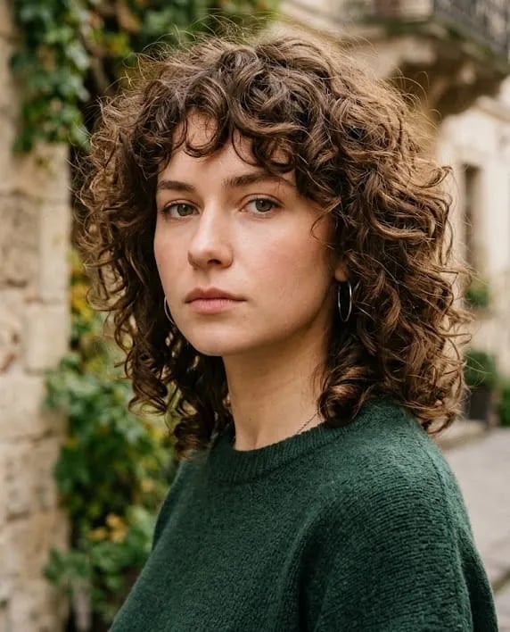 Collarbone Curly With Soft Curtain Bangs Collarbone Curly With Soft Curtain Bangs — Trendy Medium Curly Hair