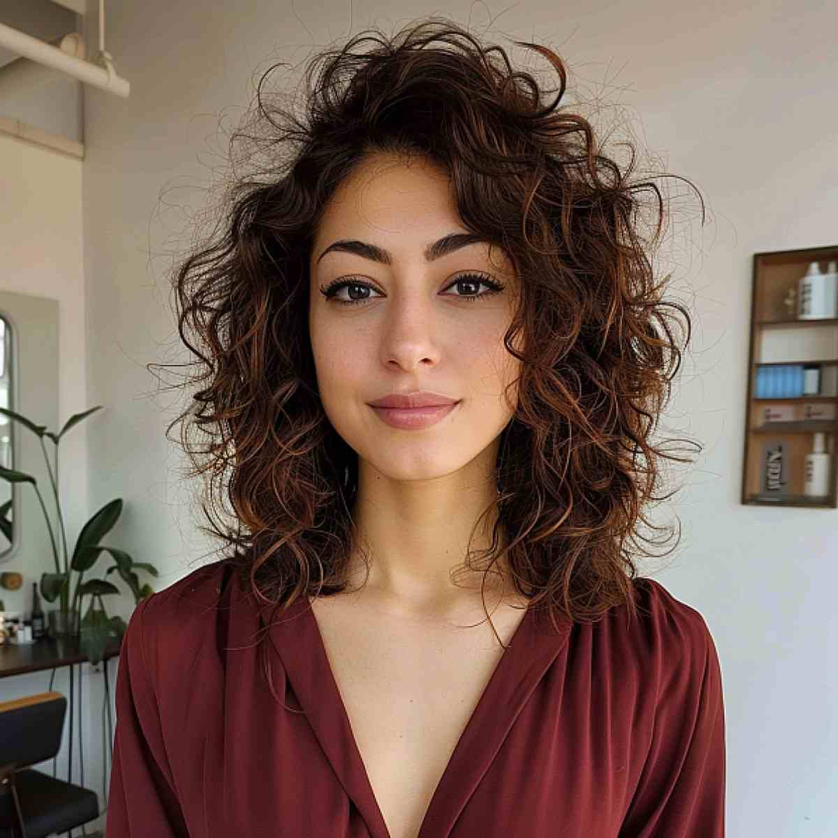 Shoulder Layered Dark Brown With Subtle Balayage Shoulder Layered Dark Brown With Subtle Balayage — Trendy Medium Curly Hair