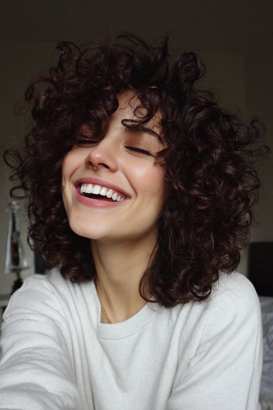 Collarbone Layered With Wispy Bangs Collarbone Layered With Wispy Bangs — Trendy Medium Curly Hair