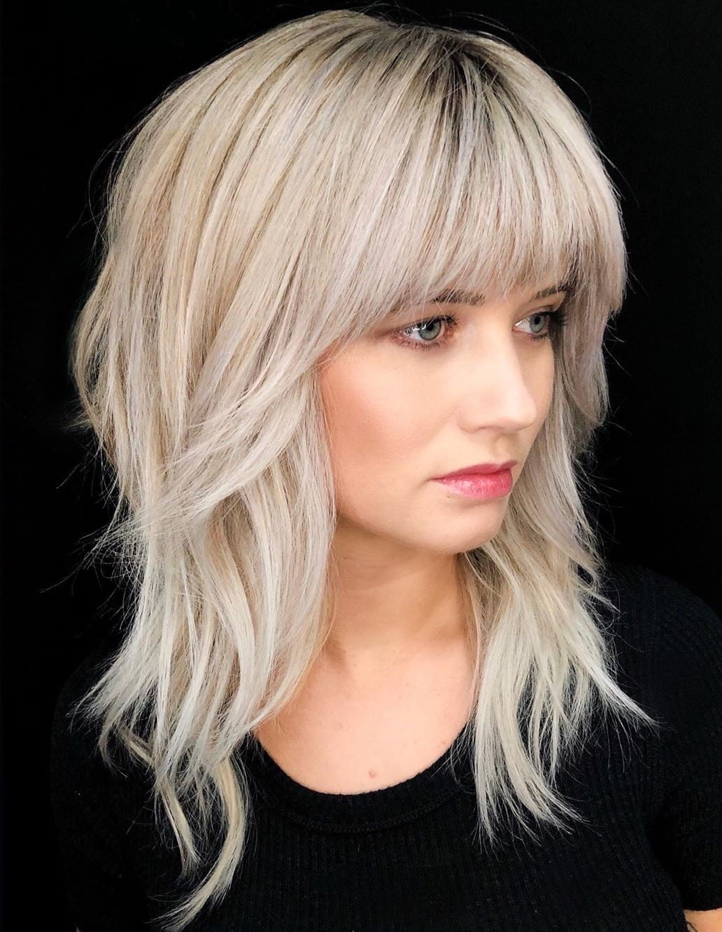 Collarbone Lob With Curtain Bangs and Caramel, Close-Up Take Collarbone Lob With Curtain Bangs and Caramel, Close-Up Take — Trendy Medium Length Hair