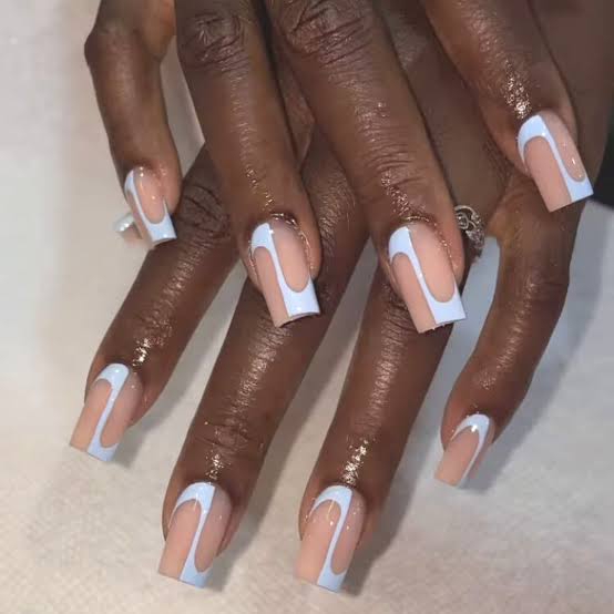 Nude with Abstract Light Blue French Medium Square Nails Nude with Abstract Light Blue French Medium Square Nails — Trendy Medium Square Nails