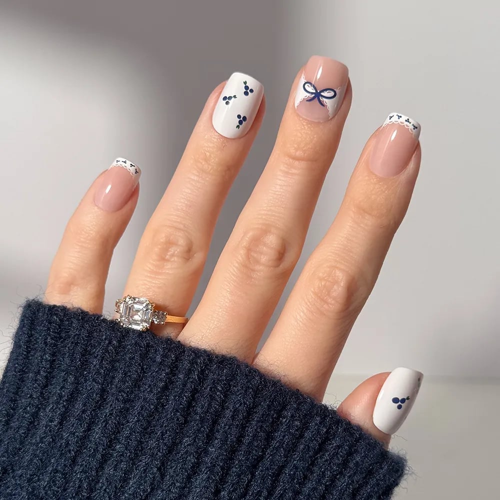 Nude Pink Lace French Blue Bow Medium Square Nails Nude Pink Lace French Blue Bow Medium Square Nails — Trendy Medium Square Nails
