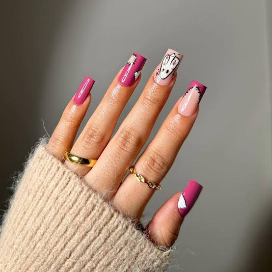 Pink Nude Bunny Face Stitched Geometric Medium Square Nails Pink Nude Bunny Face Stitched Geometric Medium Square Nails — Trendy Medium Square Nails