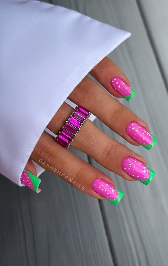 Hot Pink White Dot Lime Green French Medium Square Nails Hot Pink White Dot Lime Green French Medium Square Nails — Trendy Medium Square Nails