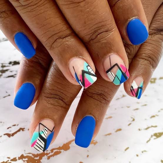 Matte Blue Geometric Glossy Abstract Medium Square Nails Matte Blue Geometric Glossy Abstract Medium Square Nails — Trendy Medium Square Nails