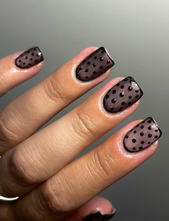 Sheer Black Polka Dot Medium Square Nails Sheer Black Polka Dot Medium Square Nails — Trendy Medium Square Nails
