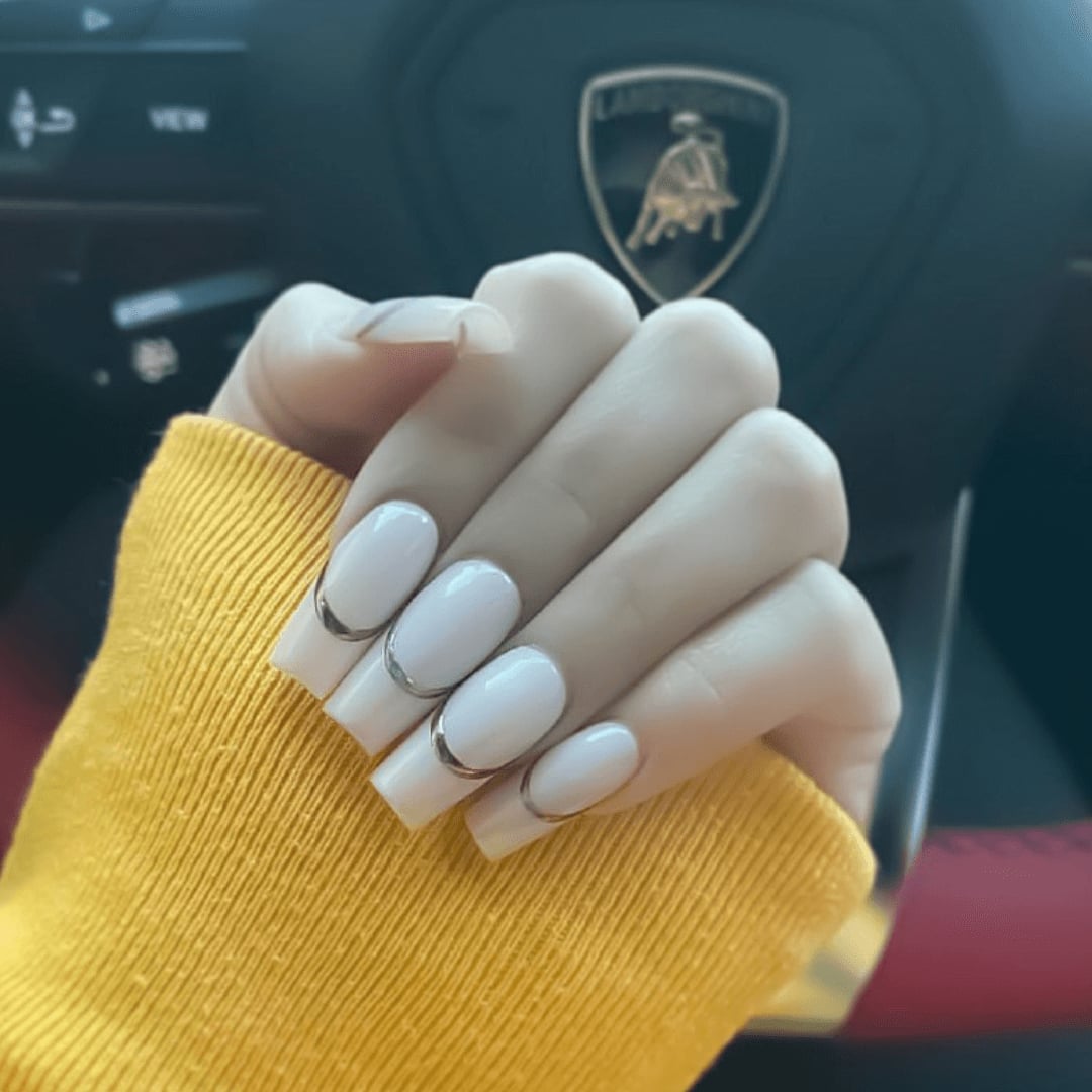 Milky White Metallic Silver Edge Medium Square Nails Milky White Metallic Silver Edge Medium Square Nails — Trendy Medium Square Nails
