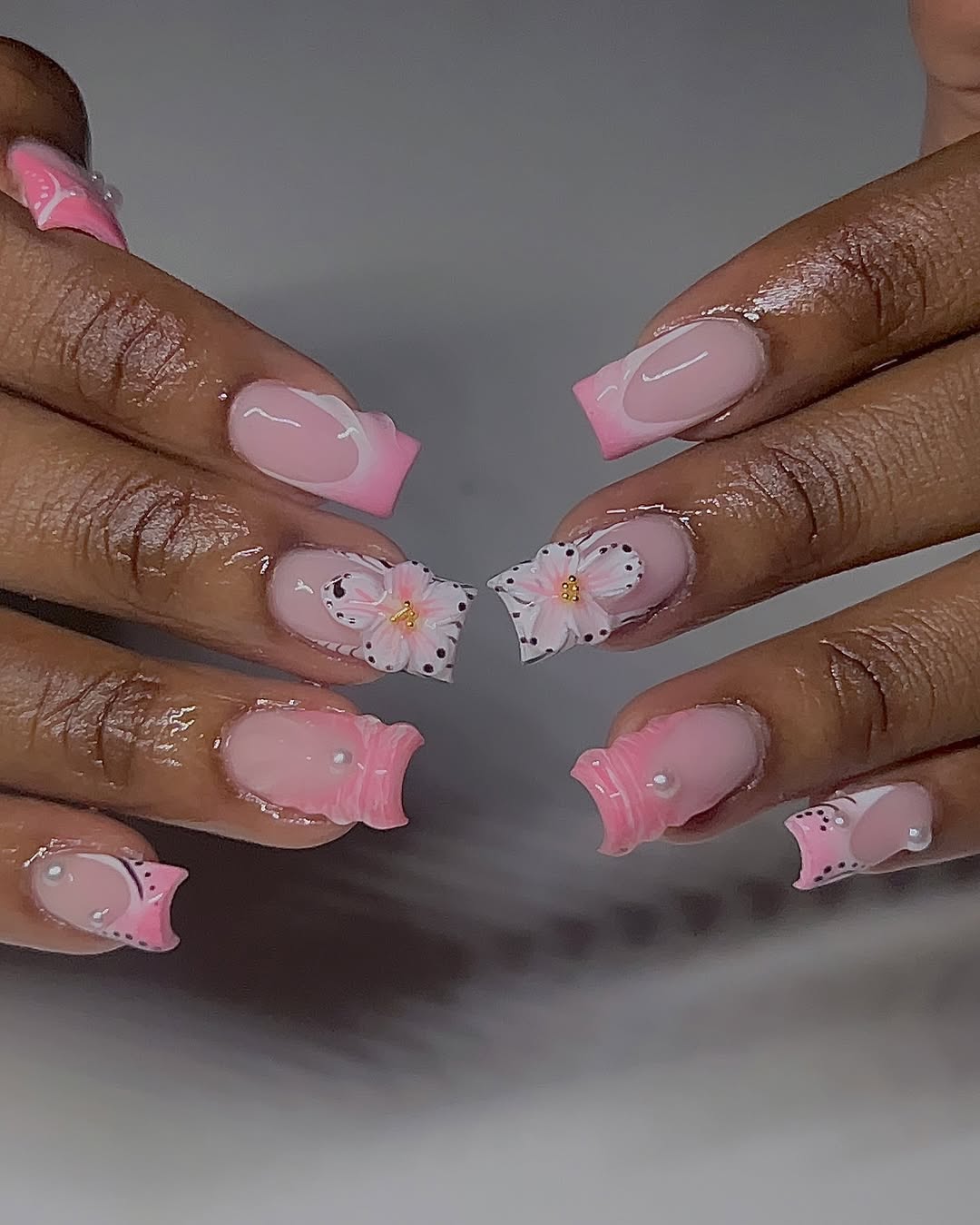 Pink French 3D Butterfly Medium Square Nails Pink French 3D Butterfly Medium Square Nails — Trendy Medium Square Nails