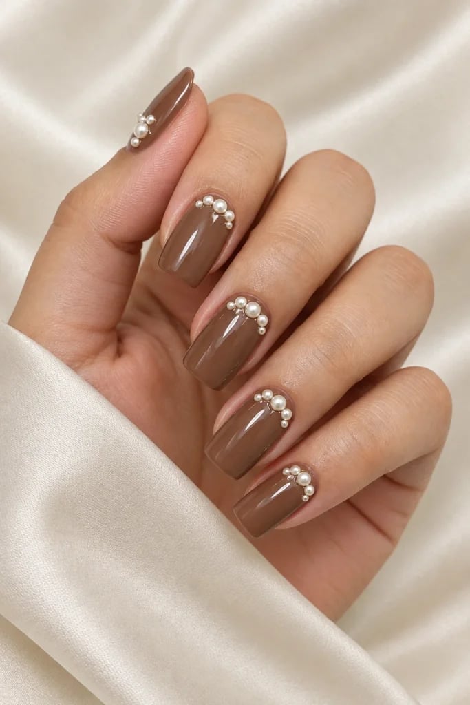 Medium Brown with Pearl Cuticle Medium Square Nails Medium Brown with Pearl Cuticle Medium Square Nails — Trendy Medium Square Nails