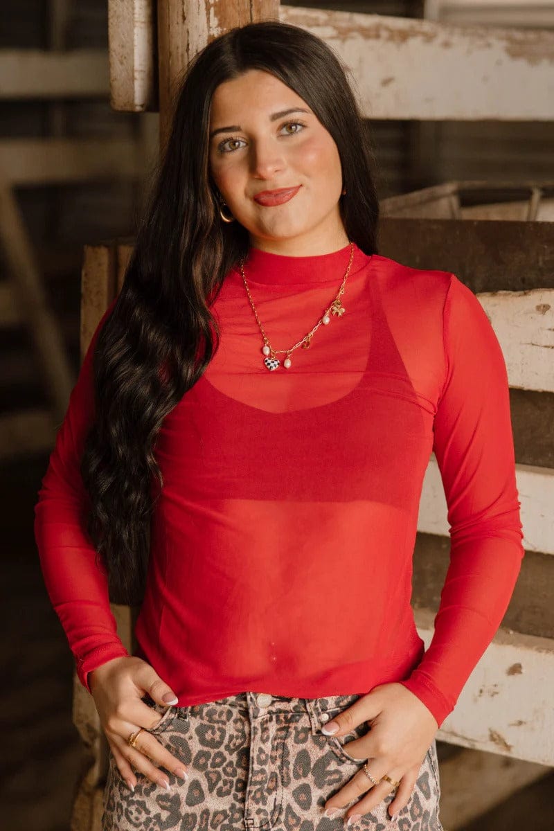 Red Sheer Mesh Top With Leopard Trousers Red Sheer Mesh Top With Leopard Trousers — Trendy Mesh Top Outfits