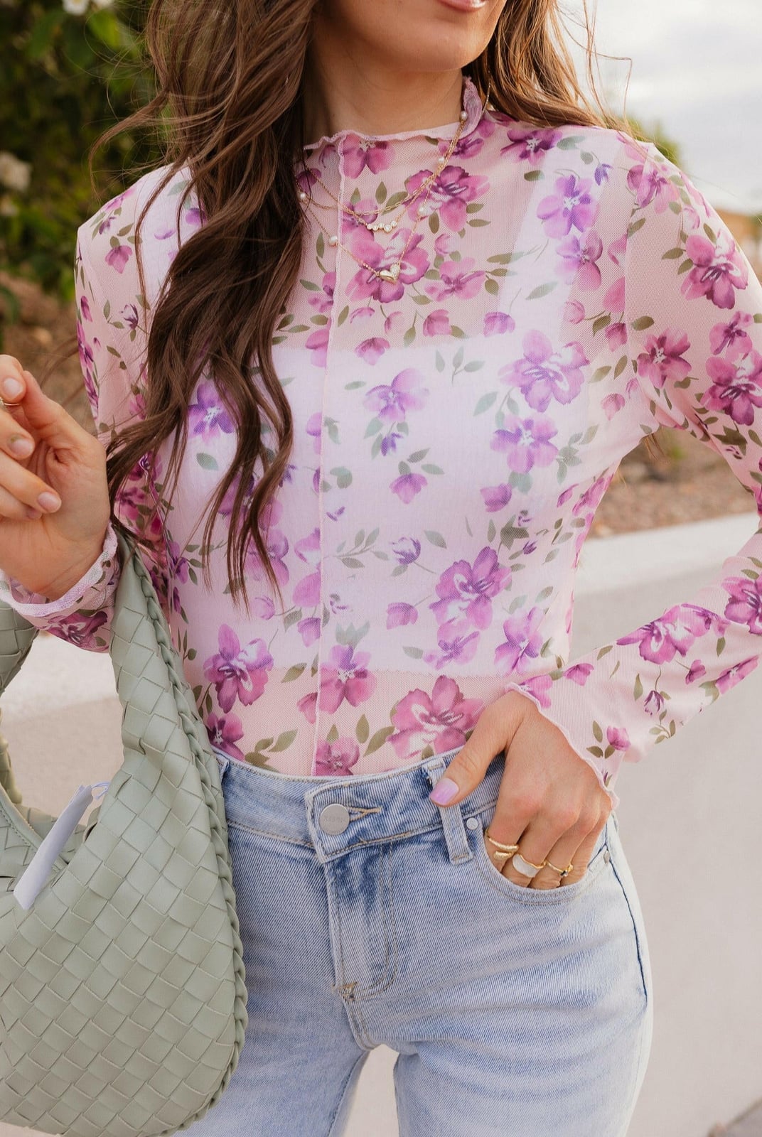 Floral Mesh Top With Light Wash Jeans Floral Mesh Top With Light Wash Jeans — Trendy Mesh Top Outfits