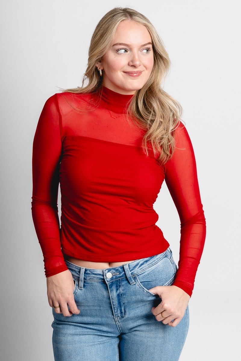 Red Sheer Mesh Top With High Neck Red Sheer Mesh Top With High Neck — Trendy Mesh Top Outfits