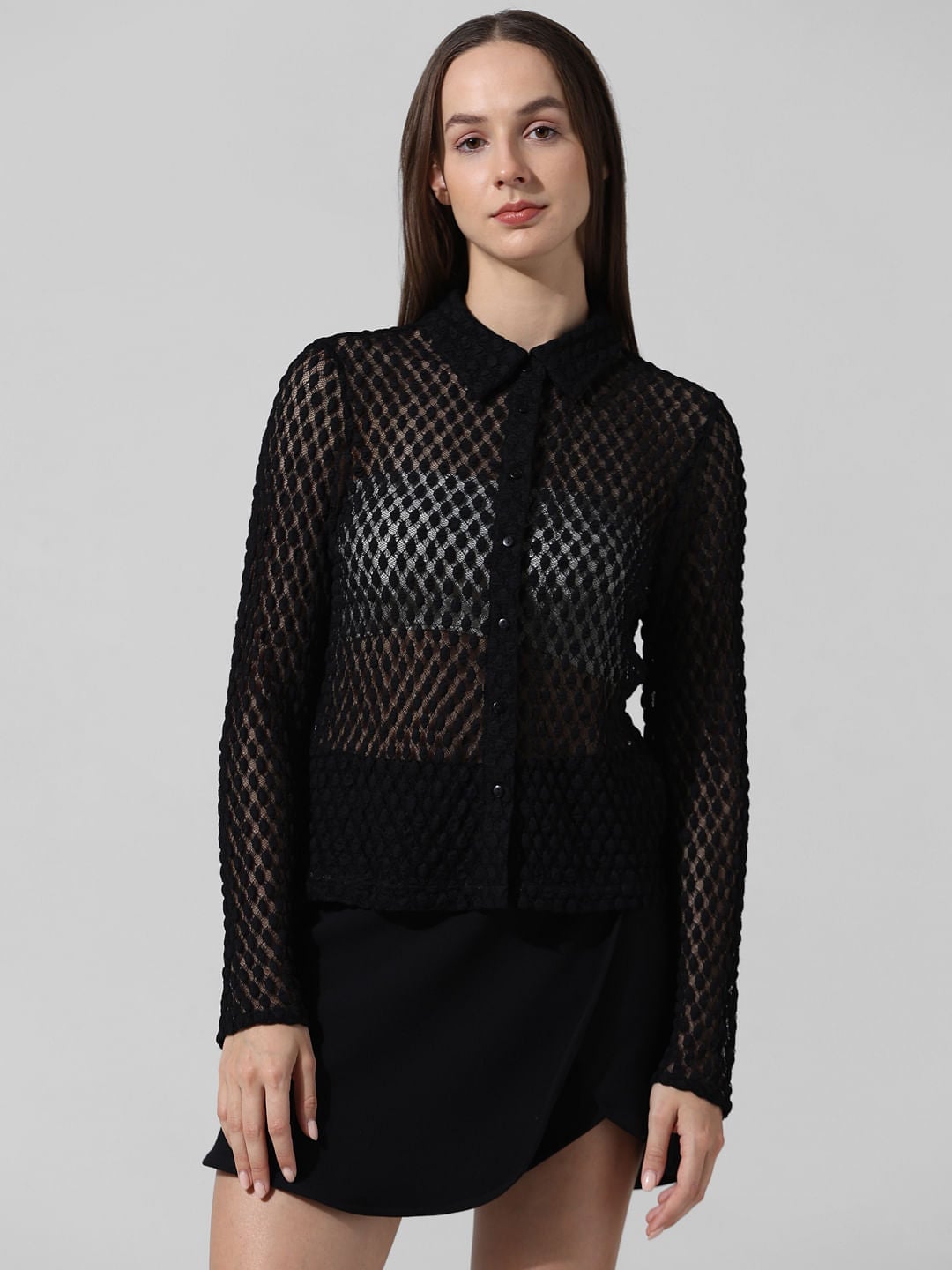 Diamond Pattern Mesh Shirt With Mini Skirt Diamond Pattern Mesh Shirt With Mini Skirt — Trendy Mesh Top Outfits