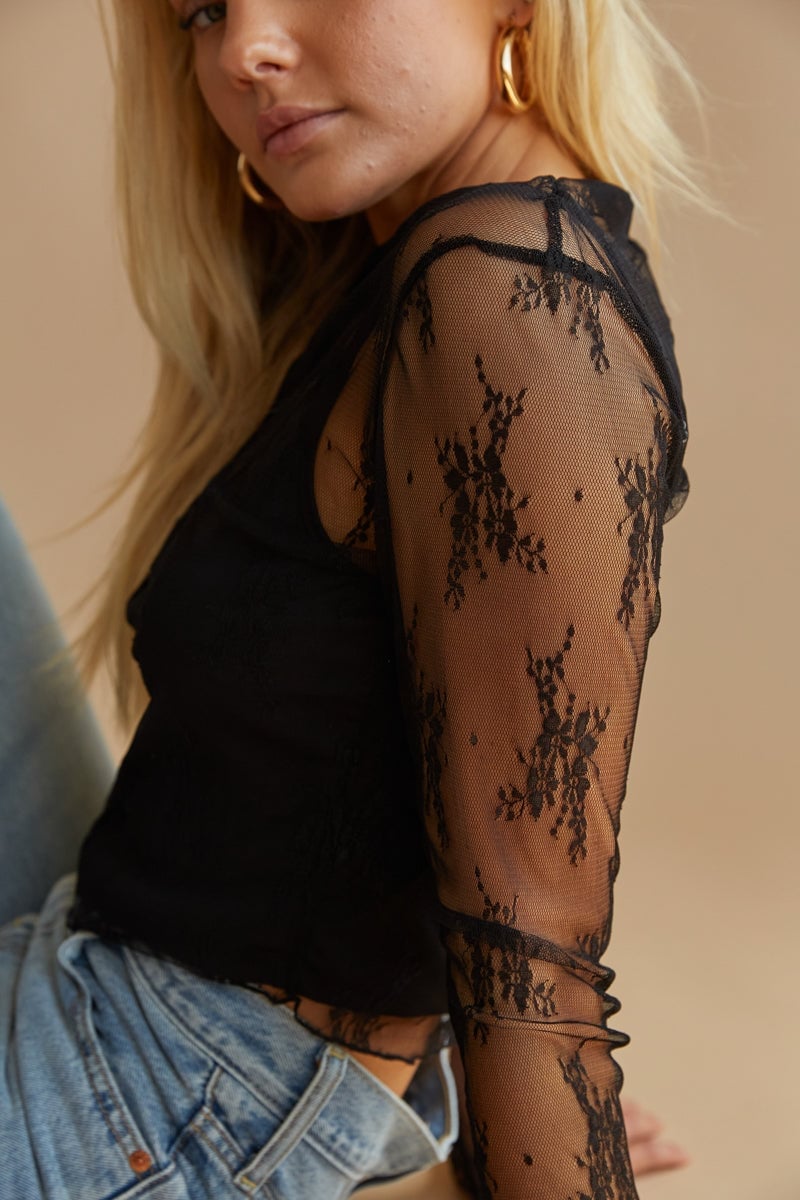 Lace Mesh Top With Gold Hoop Earrings Lace Mesh Top With Gold Hoop Earrings — Trendy Mesh Top Outfits