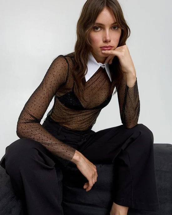 Rhinestone Mesh Blouse With Trousers Rhinestone Mesh Blouse With Trousers — Trendy Mesh Top Outfits