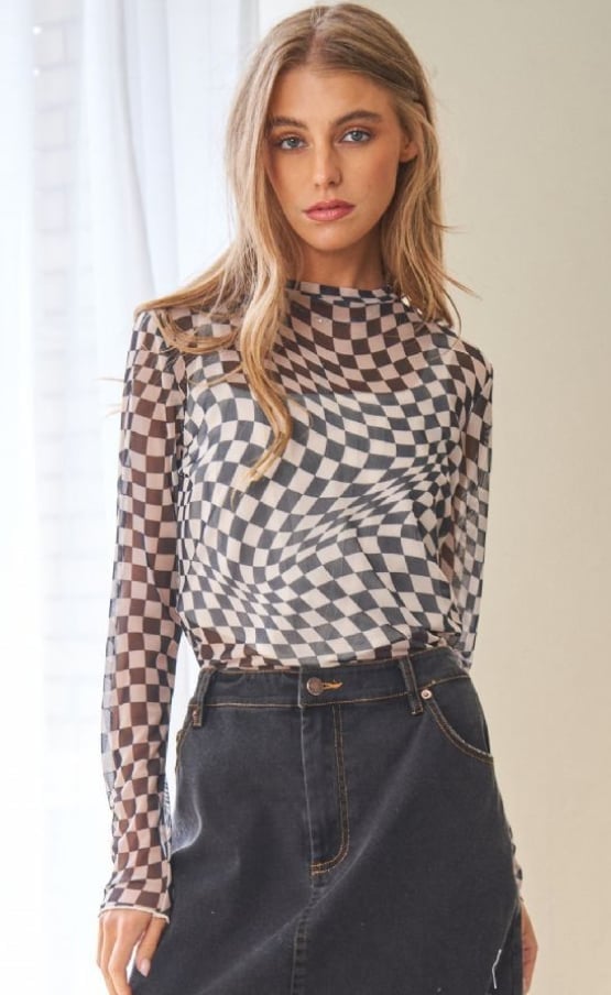 Checkerboard Mesh Top With Denim Skirt Checkerboard Mesh Top With Denim Skirt — Trendy Mesh Top Outfits