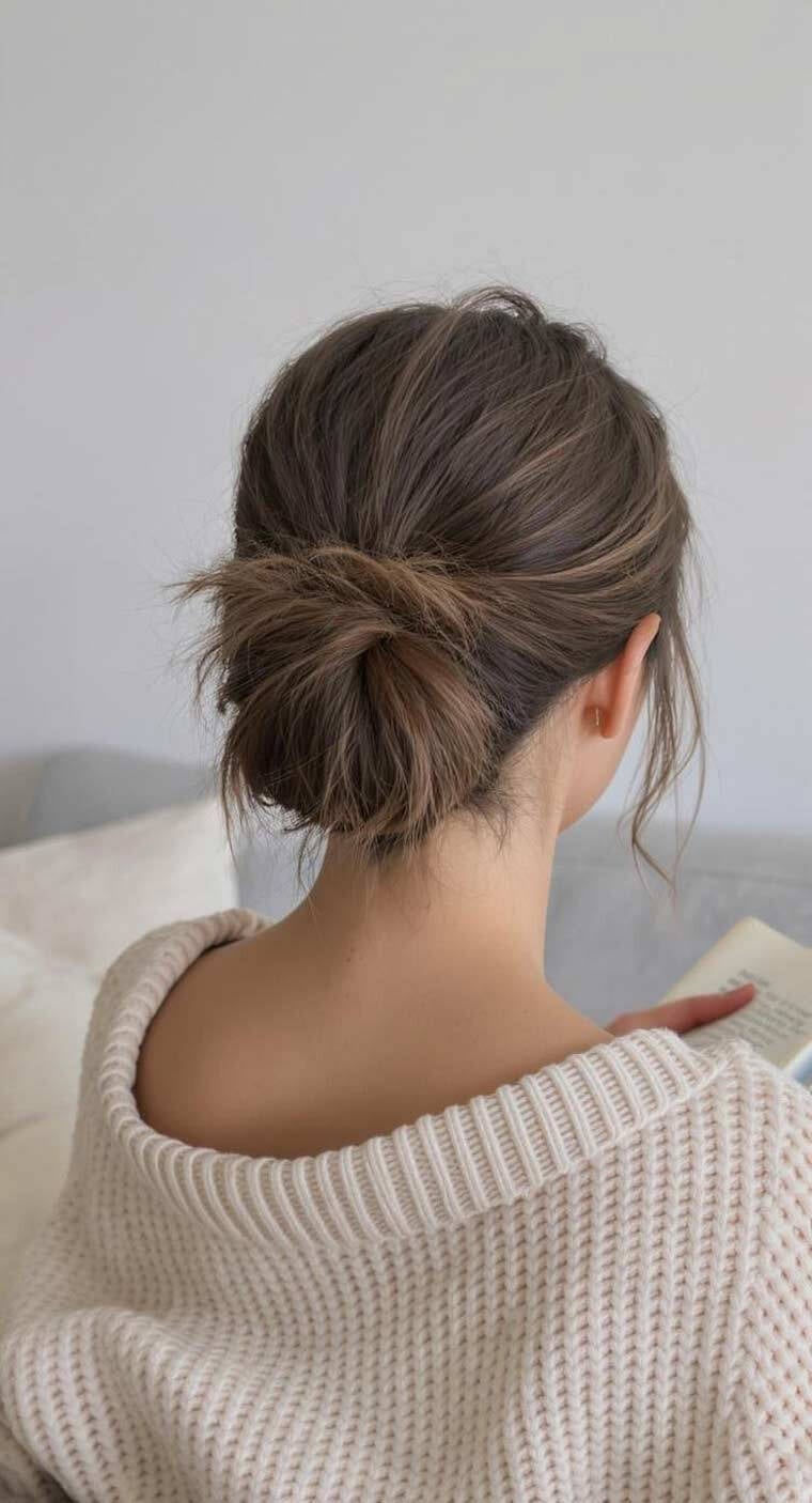 Dark Brown Messy Bun With Loose Tendrils, Mid-Back Dark Brown Messy Bun With Loose Tendrils, Mid-Back — Trendy Messy Bun Updo